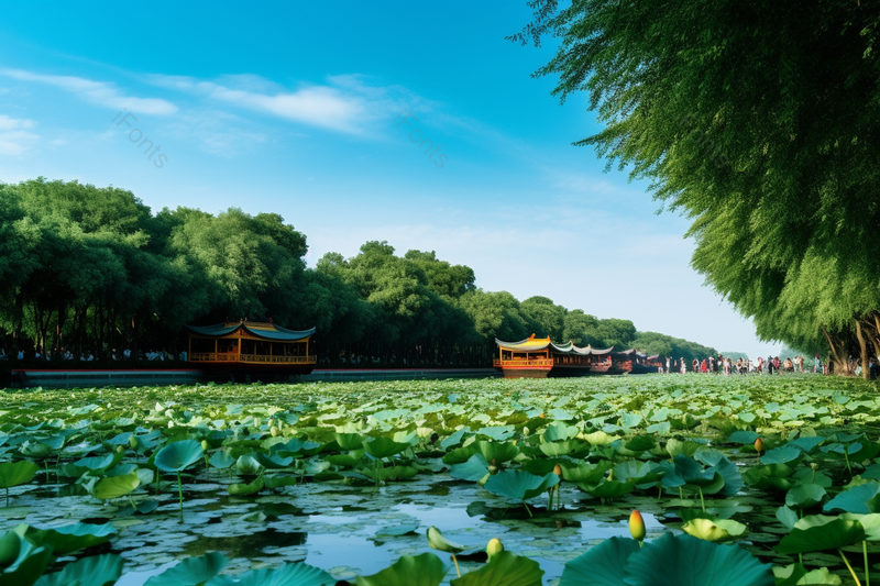 夏日湖里的荷花湖边绿色树林中国风中式古建筑风景风光大气旅游风景区出游清晰的摄影图高清的图片著名的游玩圣地,高清,摄影图,摄影图片,图片大全,摄影图免费下载